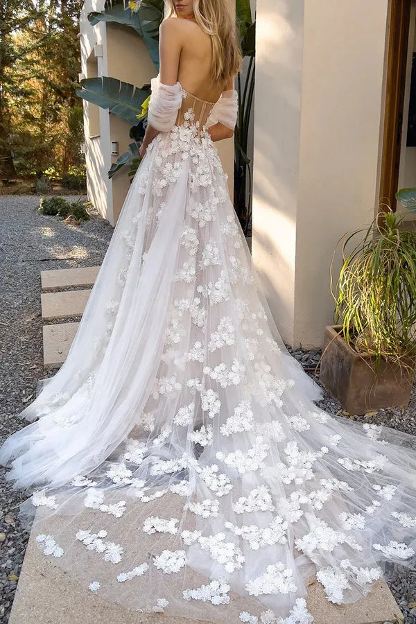 A Line Sweetheart Lace Applique Bohemian Wedding Dress