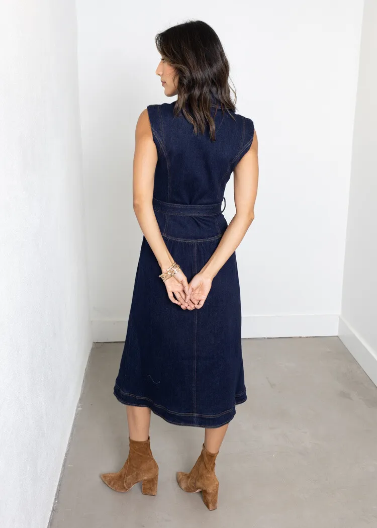 Adelyn Rae Gloria Belted Denim Shirt Midi Dress- Navy