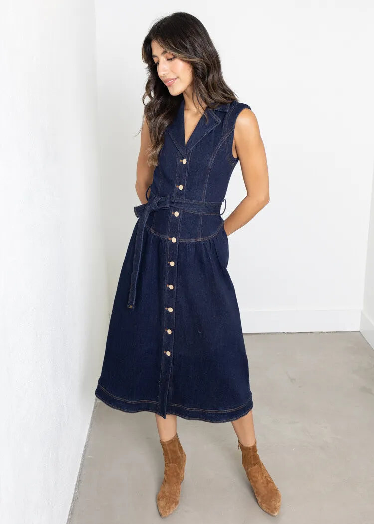 Adelyn Rae Gloria Belted Denim Shirt Midi Dress- Navy