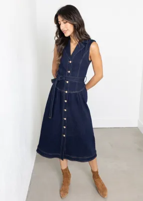 Adelyn Rae Gloria Belted Denim Shirt Midi Dress- Navy