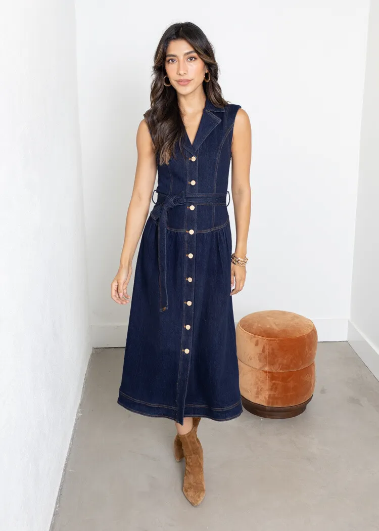 Adelyn Rae Gloria Belted Denim Shirt Midi Dress- Navy