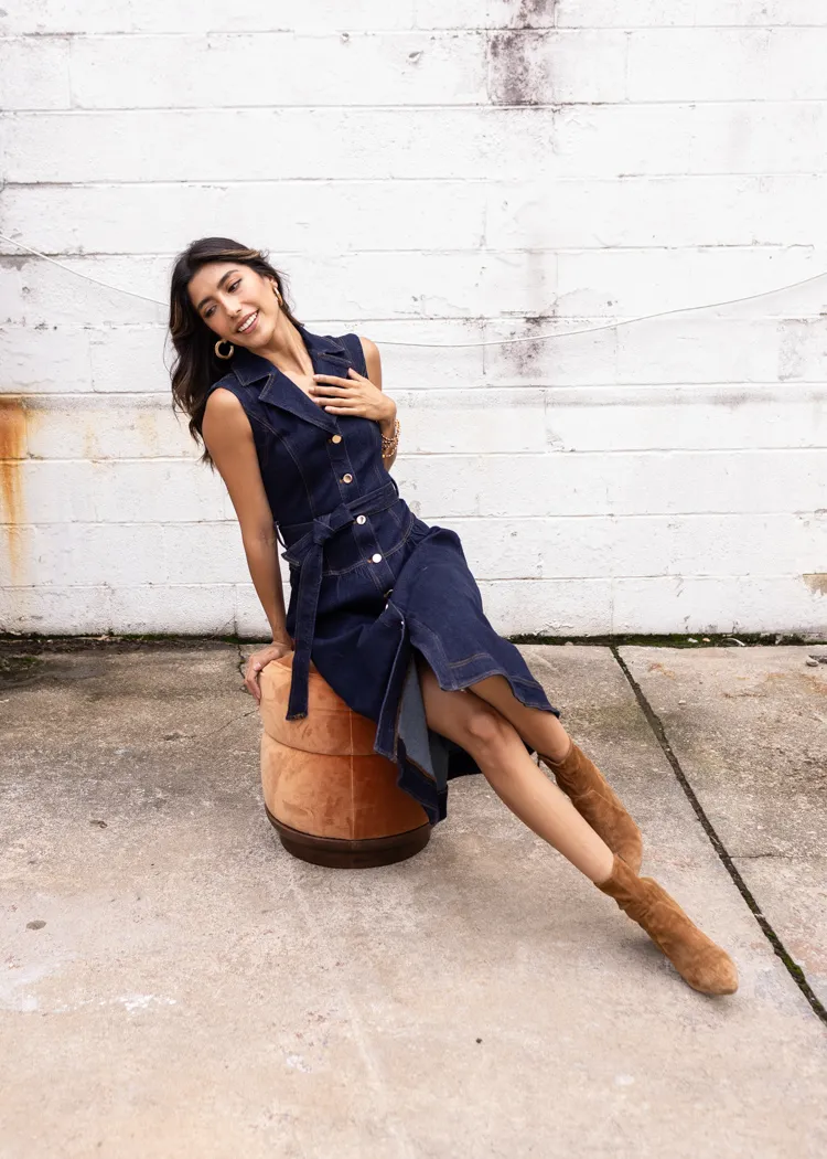 Adelyn Rae Gloria Belted Denim Shirt Midi Dress- Navy