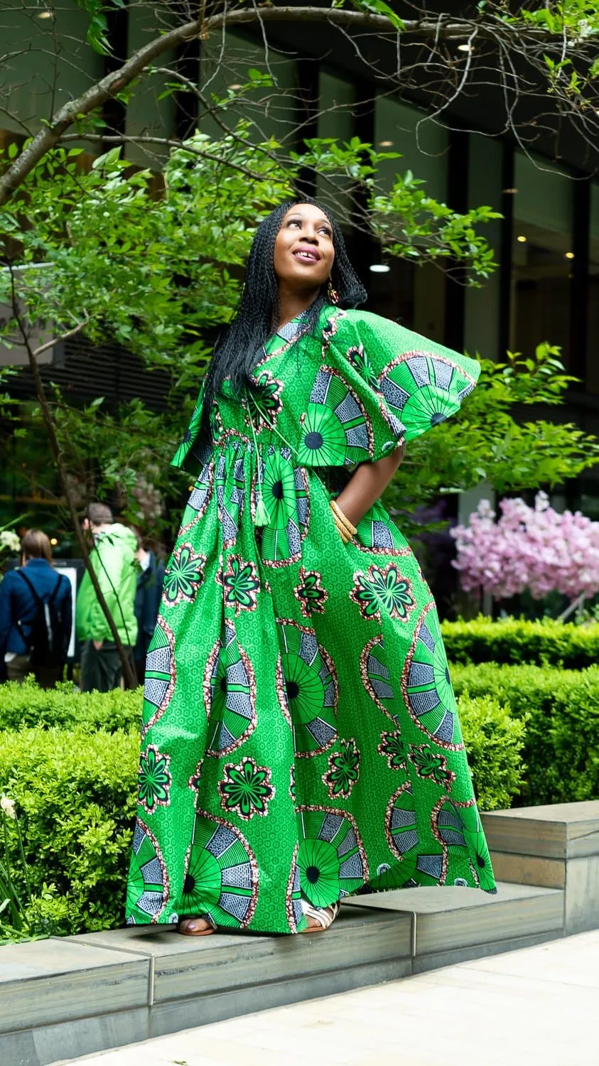 African Print Maxi Cape Dress - Green Ankara Wax Print