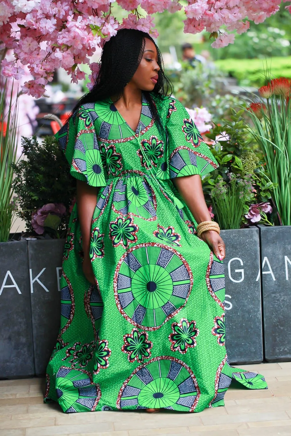 African Print Maxi Cape Dress - Green Ankara Wax Print