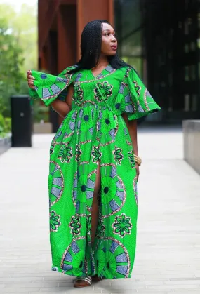 African Print Maxi Cape Dress - Green Ankara Wax Print