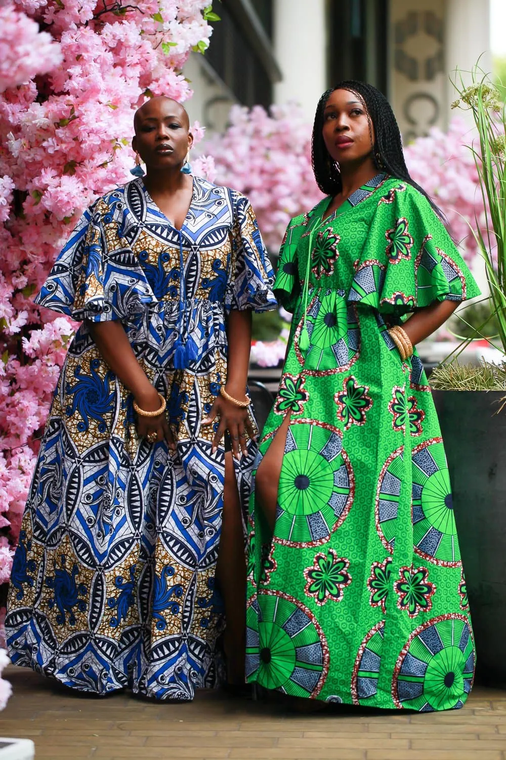 African Print Maxi Cape Dress - Green Ankara Wax Print