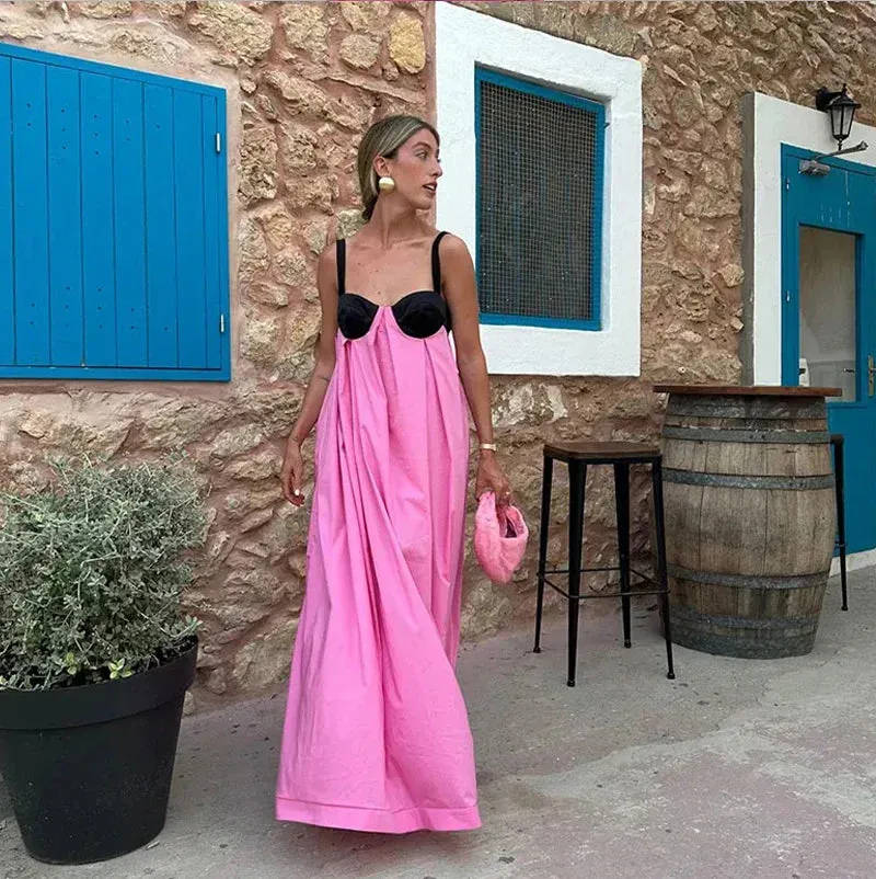 Backless Pink Sleeveless Loose Slip Panelled Bandage Maxi Dress