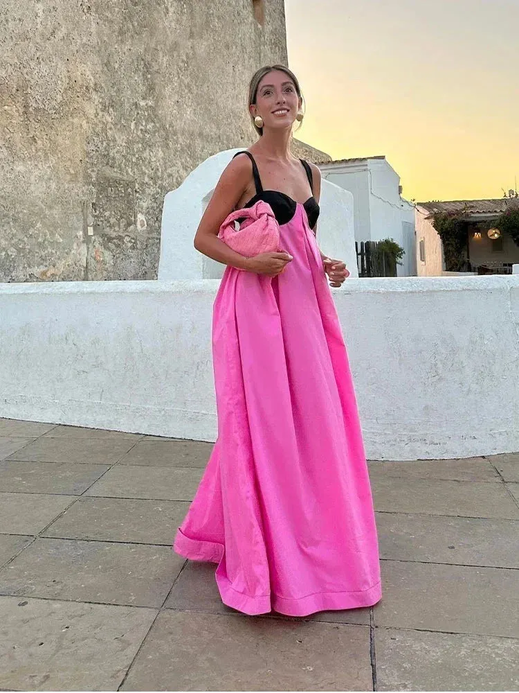 Backless Pink Sleeveless Loose Slip Panelled Bandage Maxi Dress