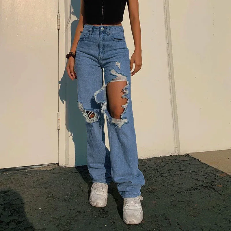 BerryBetty - 90s Distressed Cutout High Waist Wide Leg Jeans - Blue