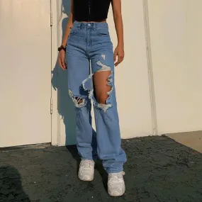 BerryBetty - 90s Distressed Cutout High Waist Wide Leg Jeans - Blue
