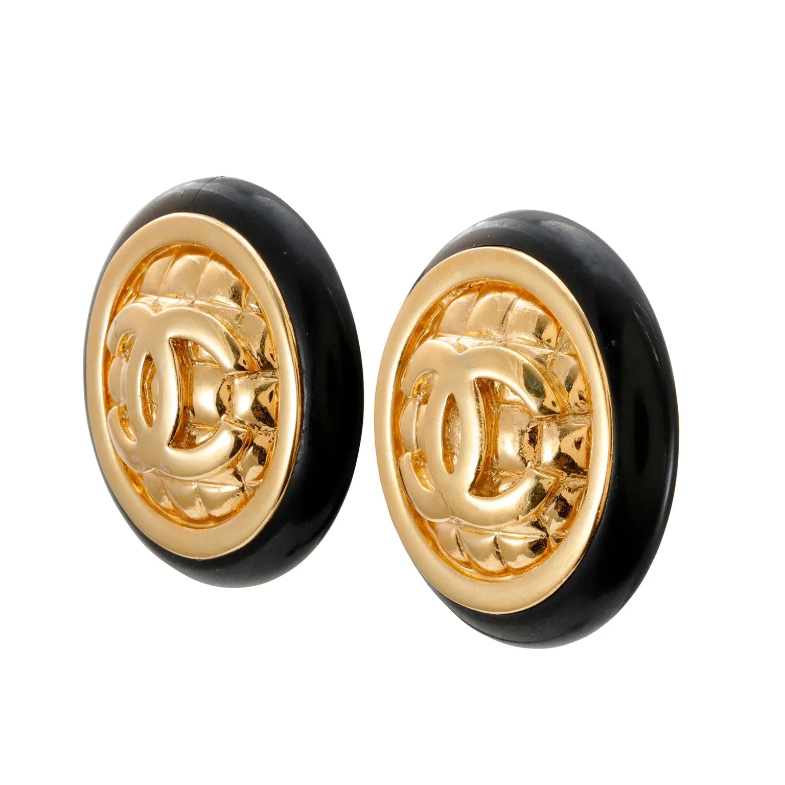 Chanel 24kt Gold Plated CC Quilted Button Earrings w/ Black Rim