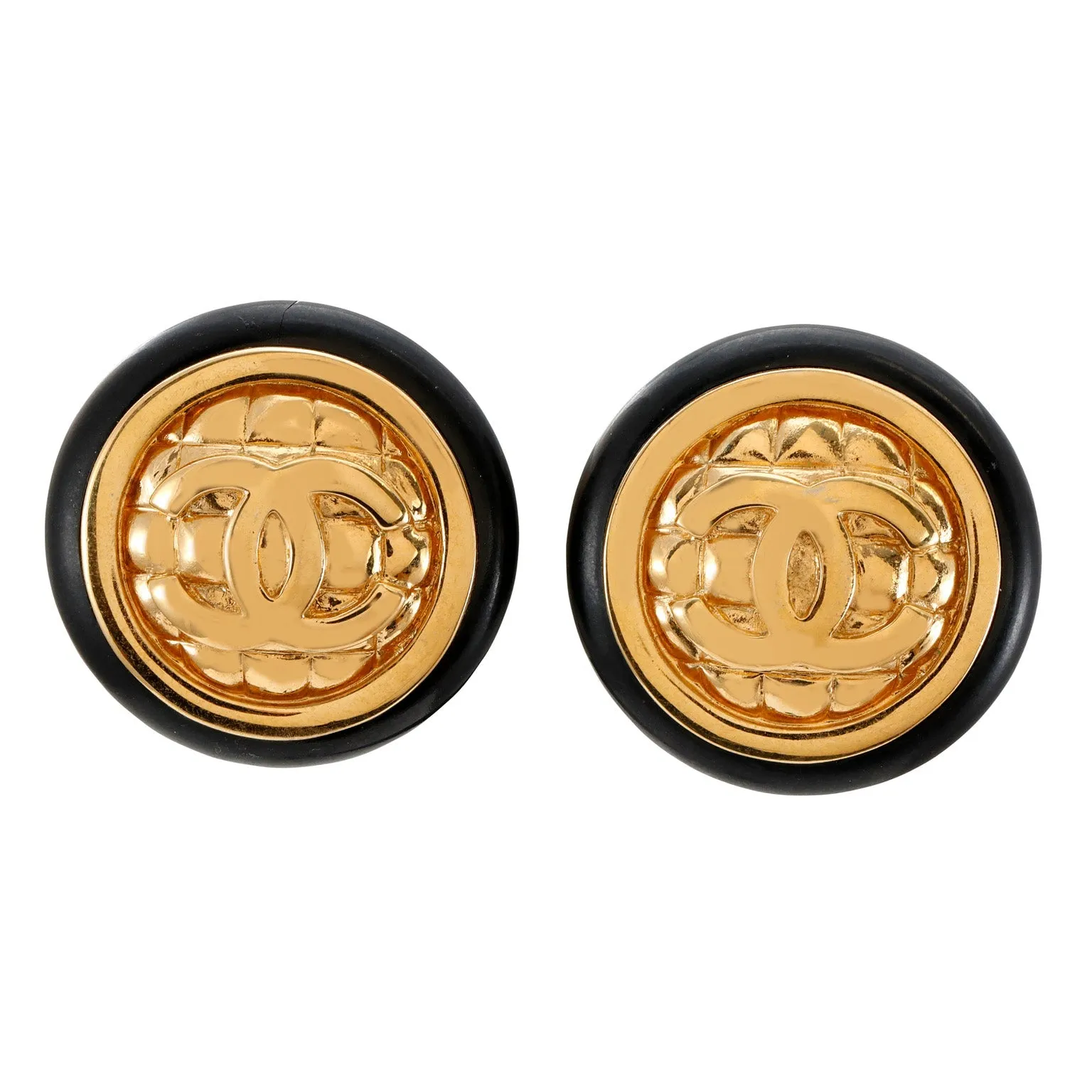Chanel 24kt Gold Plated CC Quilted Button Earrings w/ Black Rim