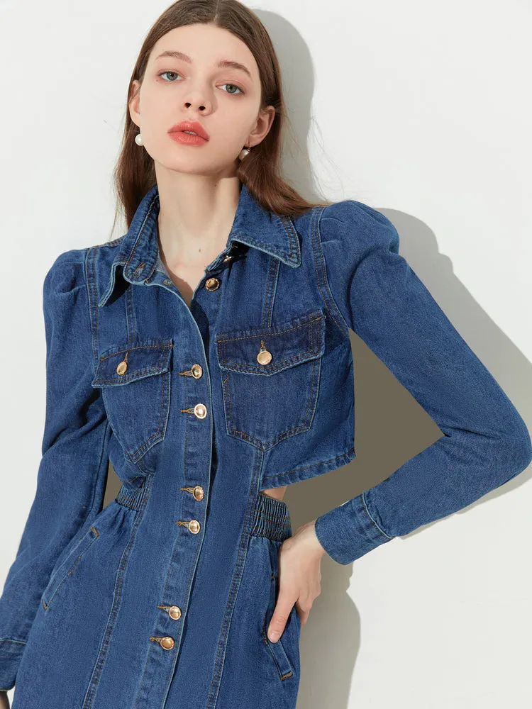DPLAY fall Autumn Classic Deep Denim Blue Long Sleeve Dress - Imil