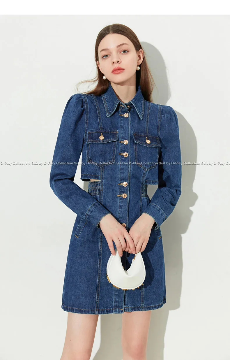DPLAY fall Autumn Classic Deep Denim Blue Long Sleeve Dress - Imil