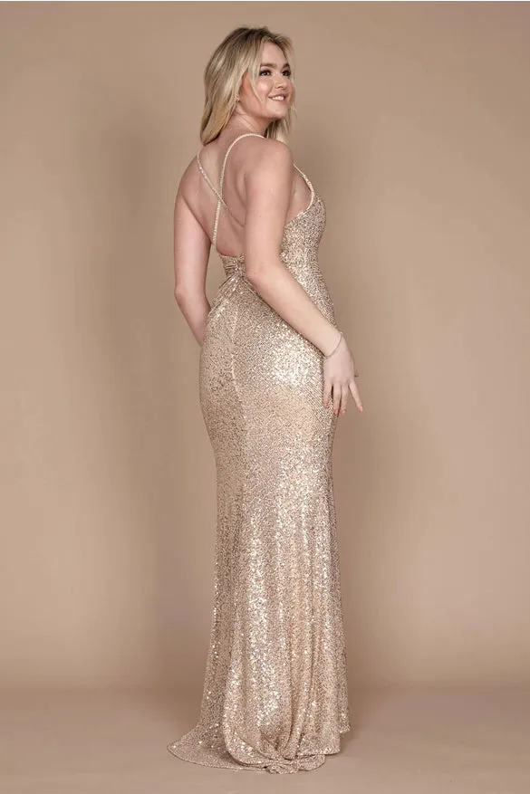 Dylan & Davids Formal Fitted Sequin Long Prom Dress Gold