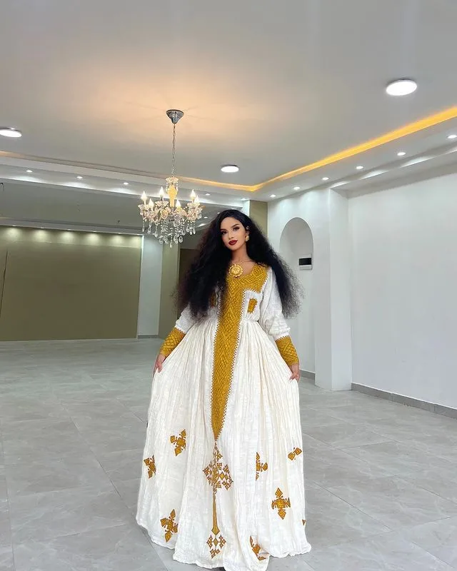 Exquisite Ethiopian Traditional Dress Golden Design Habesha Dress Cultural Ethiopian Dress