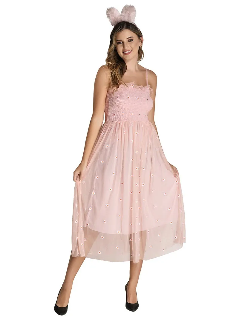 FIMS Fashion Women Embellished Net Floral Midi Fit & Flare Dress Pink