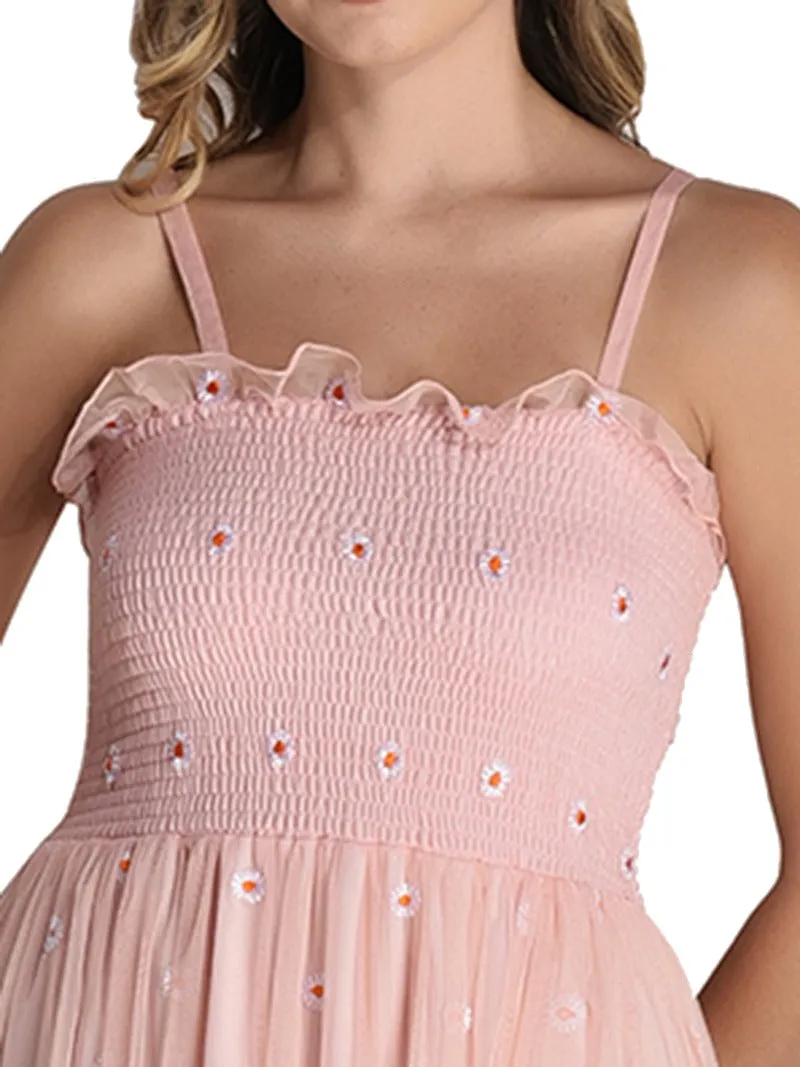 FIMS Fashion Women Embellished Net Floral Midi Fit & Flare Dress Pink