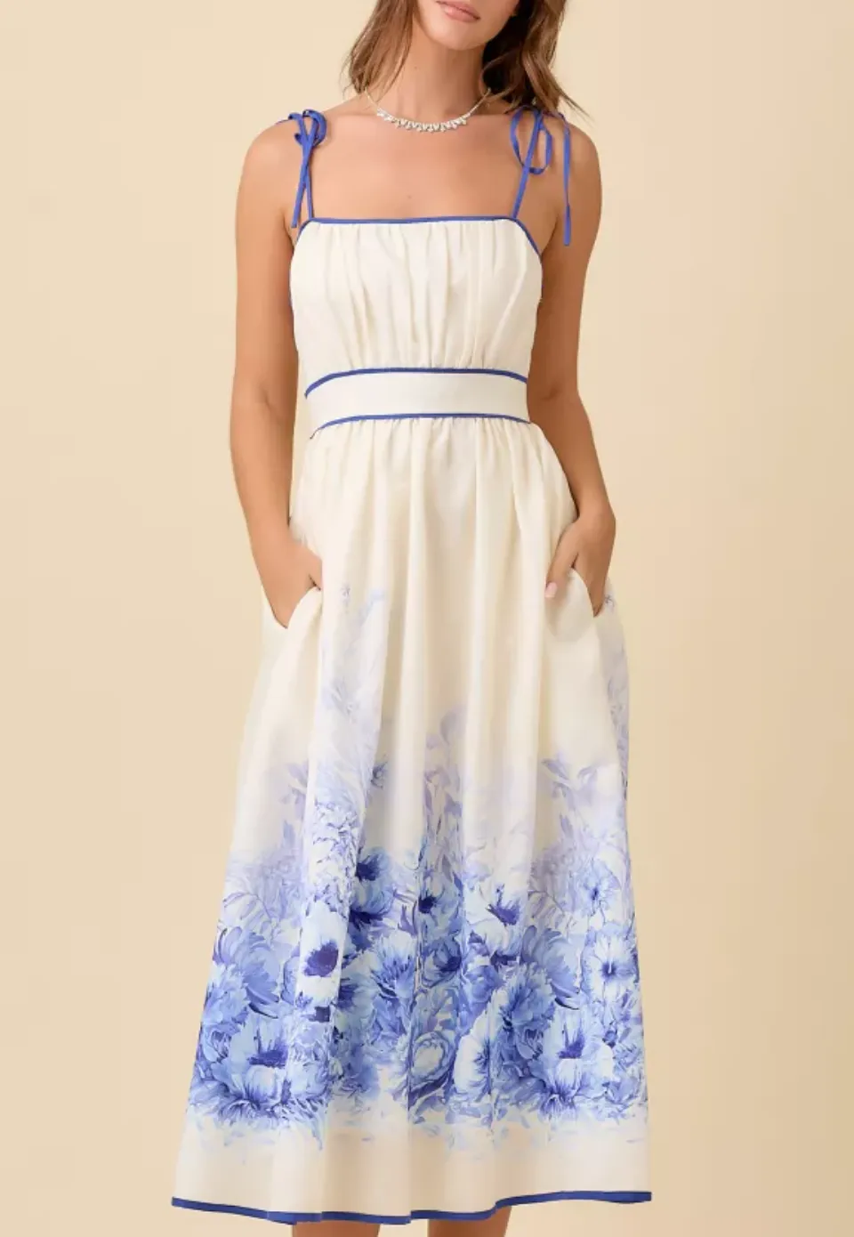 Floral Printed Border Midi Dress With Contrast Binding Detail