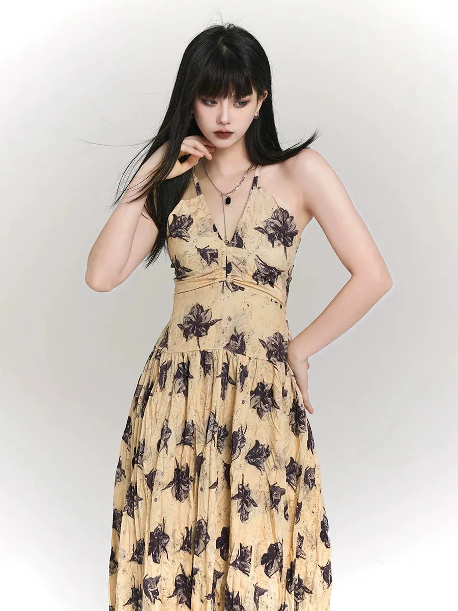 French Mode Flower Ghost Dress Yellow Resort Girl