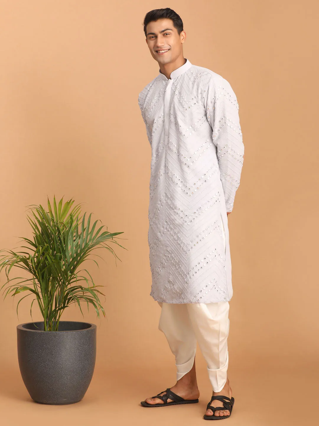 Jashvi Men's Aqua Blue Mirror Kurta Dhoti Set