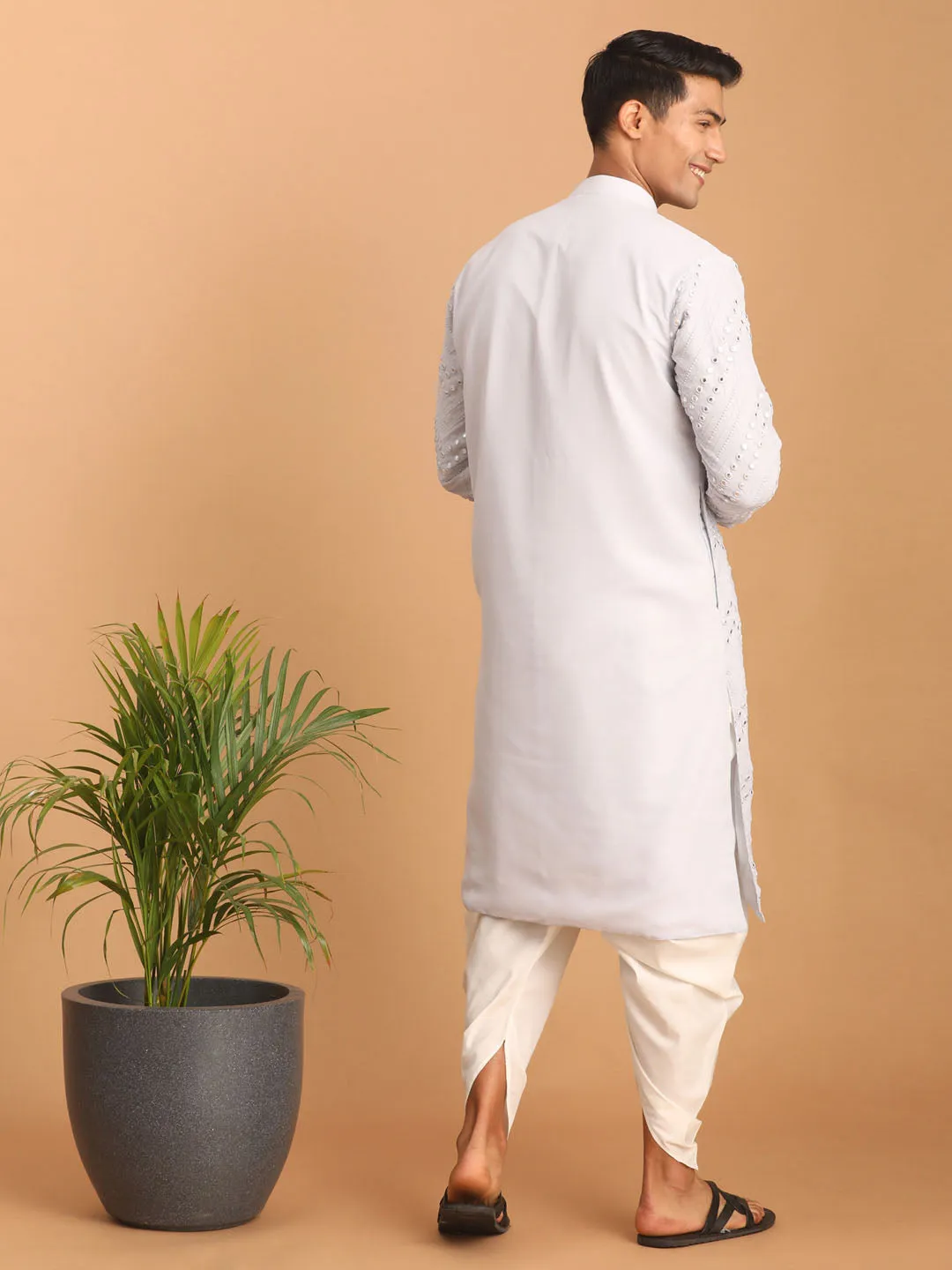 Jashvi Men's Aqua Blue Mirror Kurta Dhoti Set