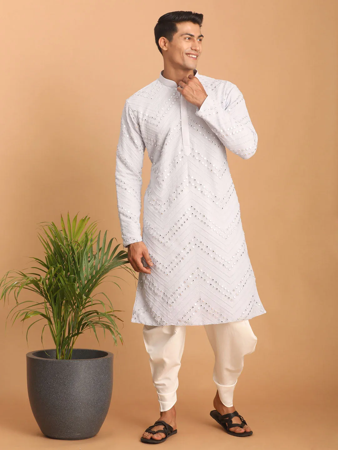 Jashvi Men's Aqua Blue Mirror Kurta Dhoti Set