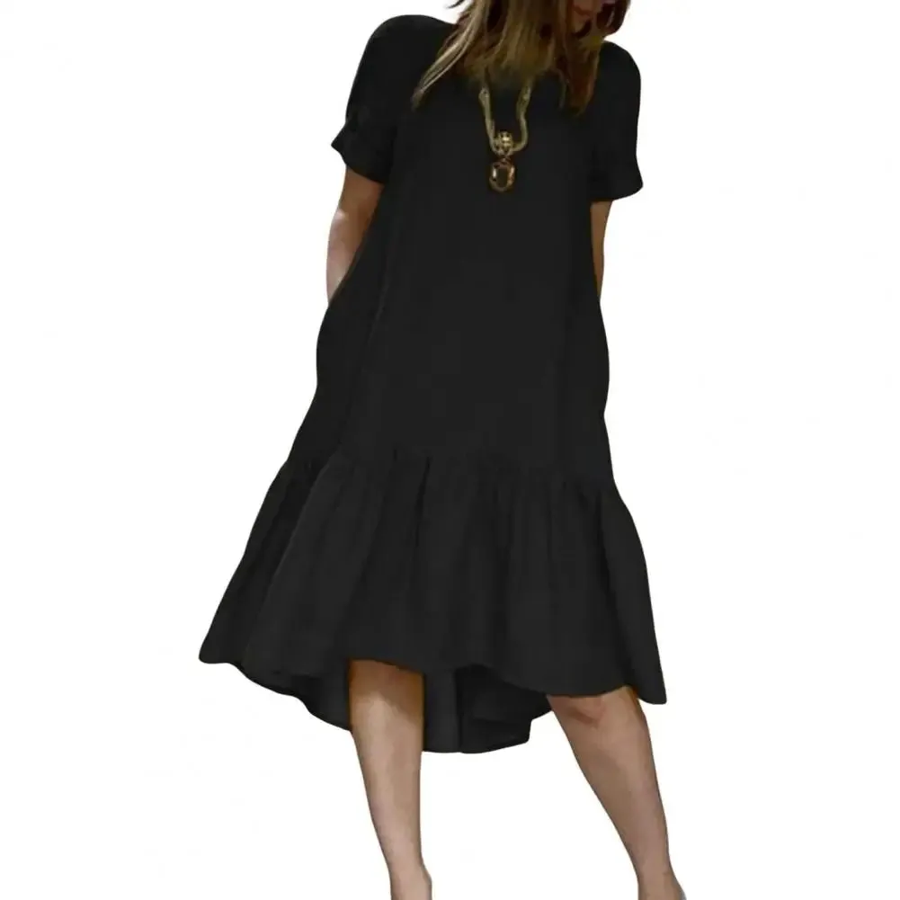 LVSANW A-line Dress Elegant Ruffle Hem Midi Dress for Women A-line Knee Length Summer Dress with Short Sleeves Patchwork Detail Women