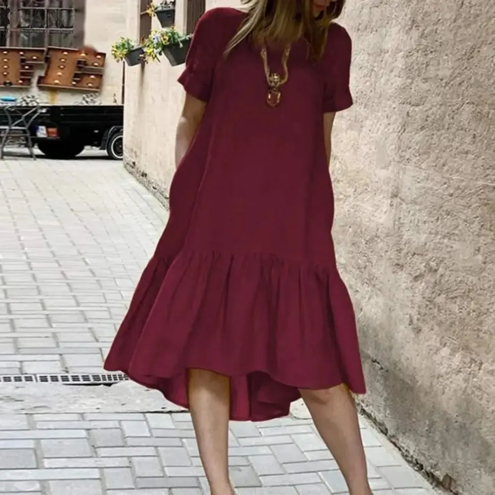 LVSANW A-line Dress Elegant Ruffle Hem Midi Dress for Women A-line Knee Length Summer Dress with Short Sleeves Patchwork Detail Women
