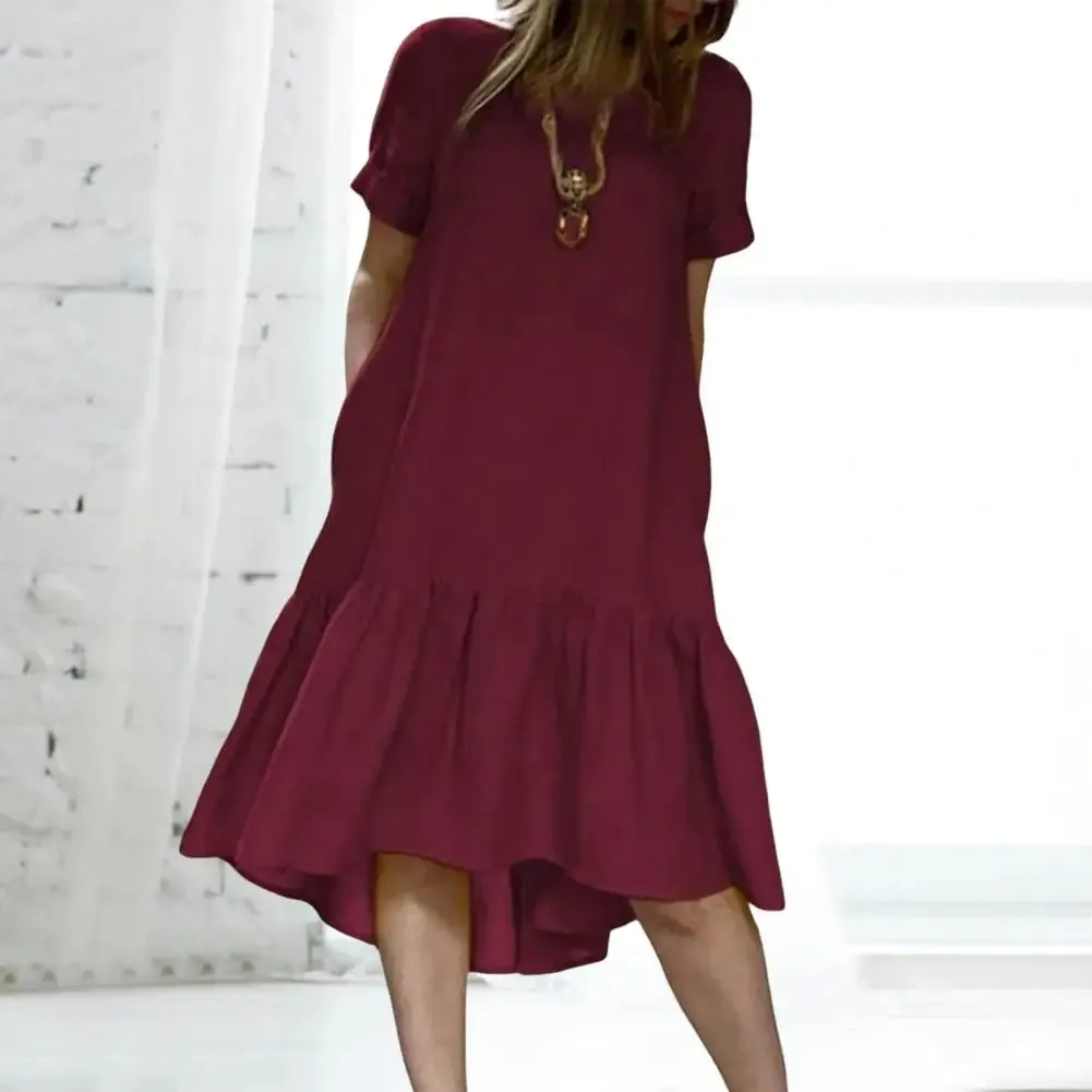 LVSANW A-line Dress Elegant Ruffle Hem Midi Dress for Women A-line Knee Length Summer Dress with Short Sleeves Patchwork Detail Women