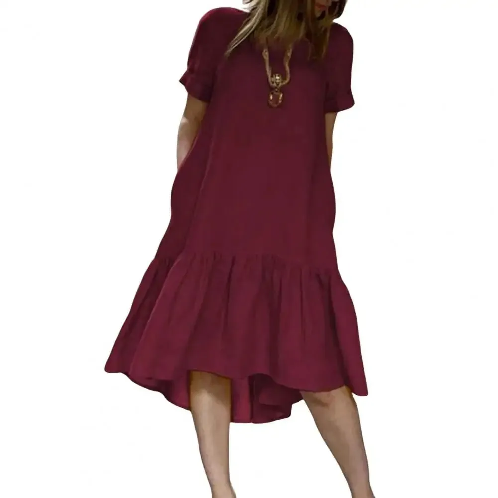 LVSANW A-line Dress Elegant Ruffle Hem Midi Dress for Women A-line Knee Length Summer Dress with Short Sleeves Patchwork Detail Women