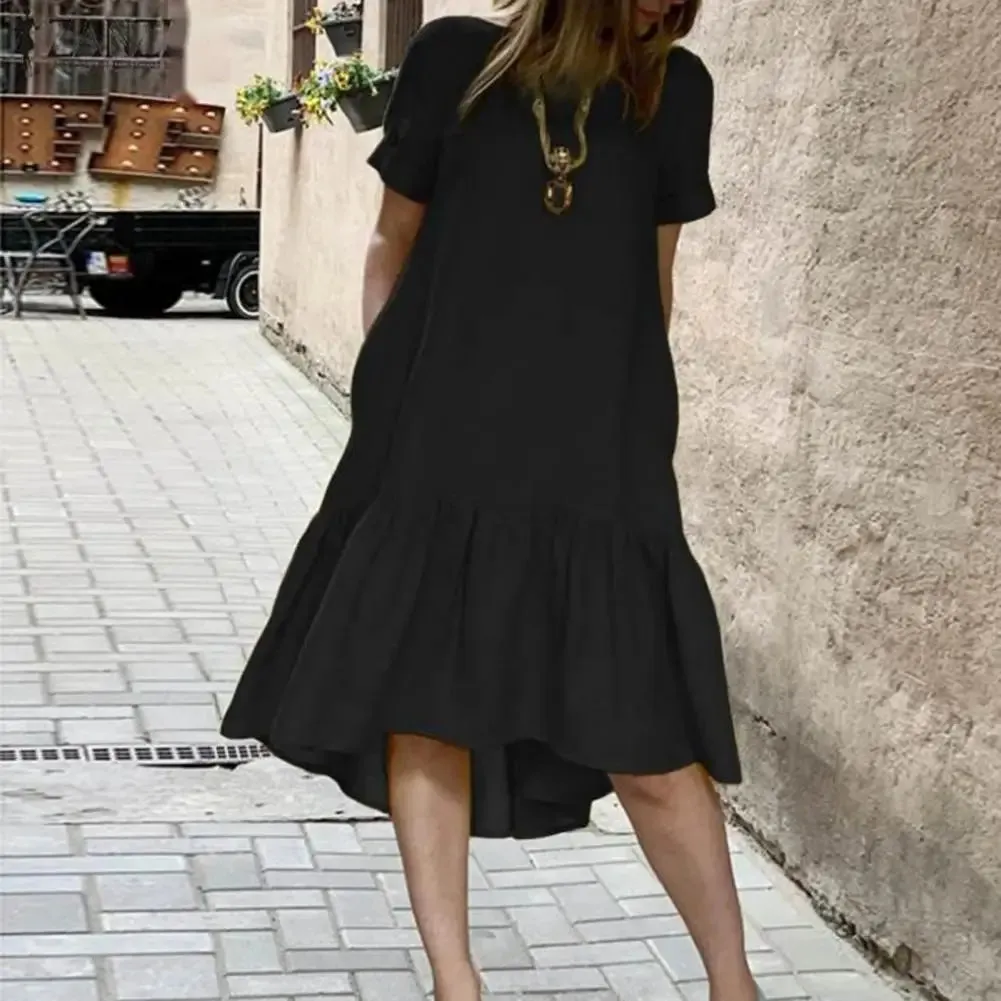 LVSANW A-line Dress Elegant Ruffle Hem Midi Dress for Women A-line Knee Length Summer Dress with Short Sleeves Patchwork Detail Women