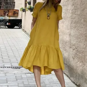 LVSANW A-line Dress Elegant Ruffle Hem Midi Dress for Women A-line Knee Length Summer Dress with Short Sleeves Patchwork Detail Women