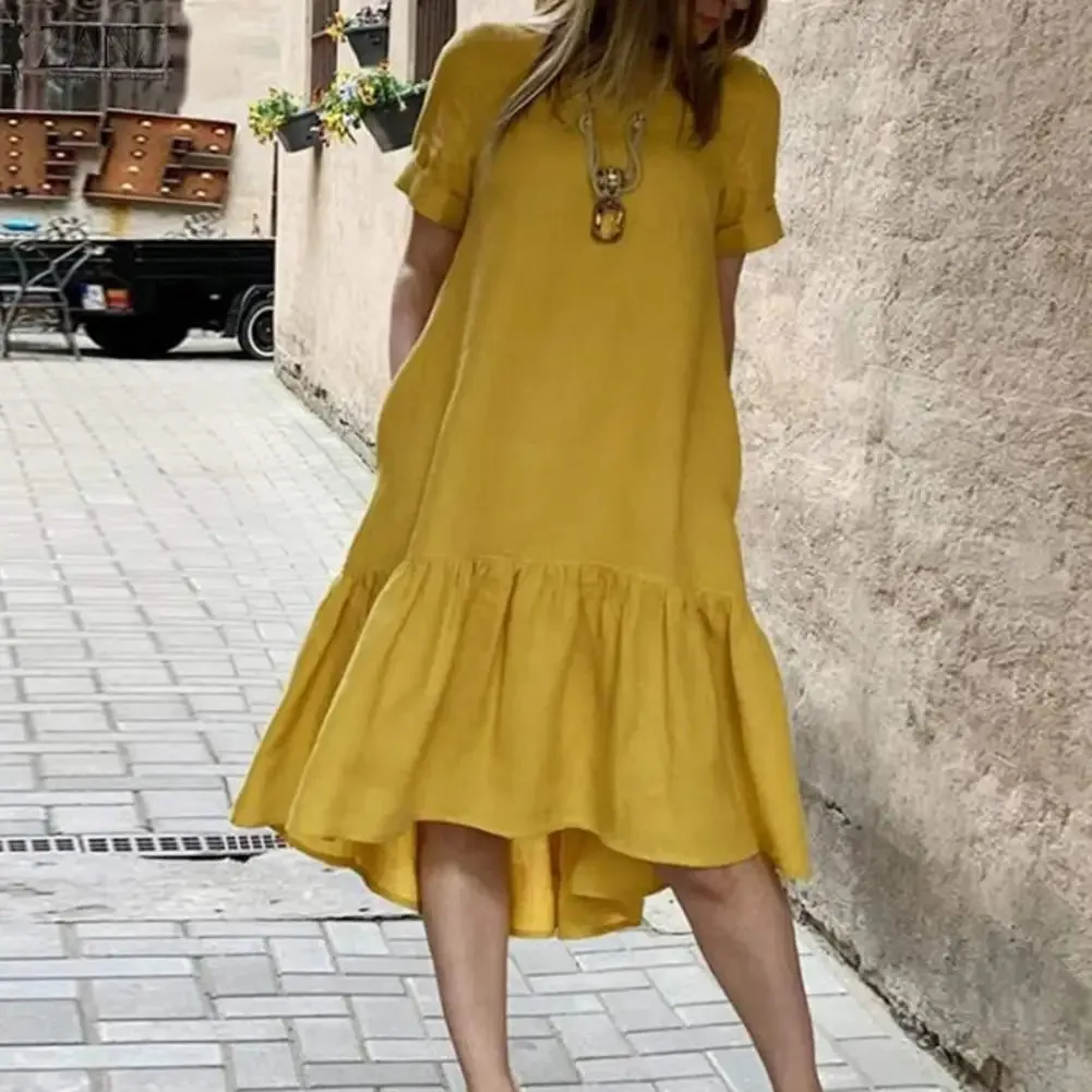 LVSANW A-line Dress Elegant Ruffle Hem Midi Dress for Women A-line Knee Length Summer Dress with Short Sleeves Patchwork Detail Women