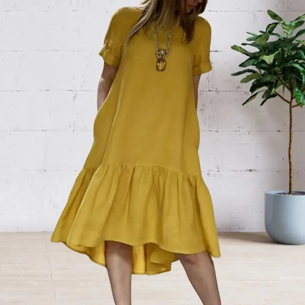 LVSANW A-line Dress Elegant Ruffle Hem Midi Dress for Women A-line Knee Length Summer Dress with Short Sleeves Patchwork Detail Women