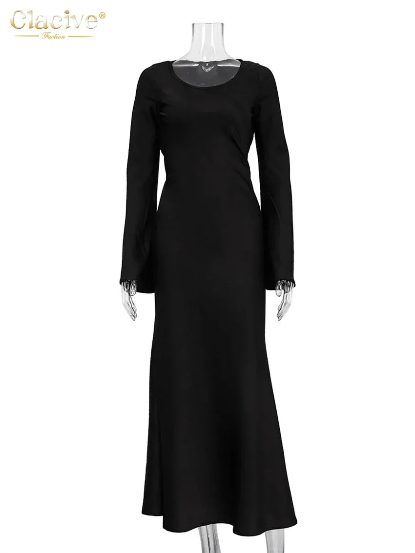 LVSANW Clacive Bodycon Black Satin Womens Dresses Sexy Slim V-Neck Long Sleeve Ankle Length Dress Elegant Simple Party Dress Female