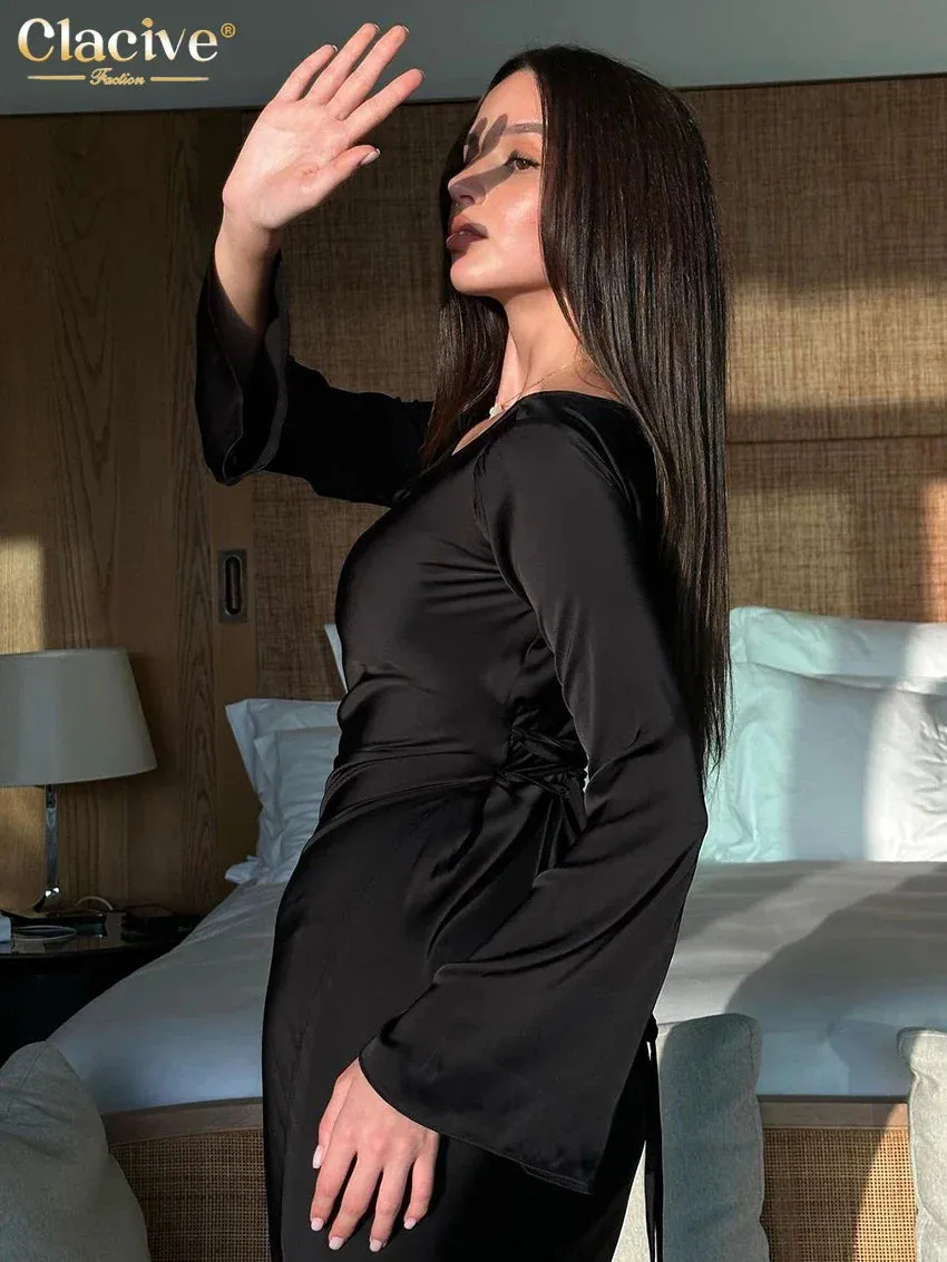 LVSANW Clacive Bodycon Black Satin Womens Dresses Sexy Slim V-Neck Long Sleeve Ankle Length Dress Elegant Simple Party Dress Female
