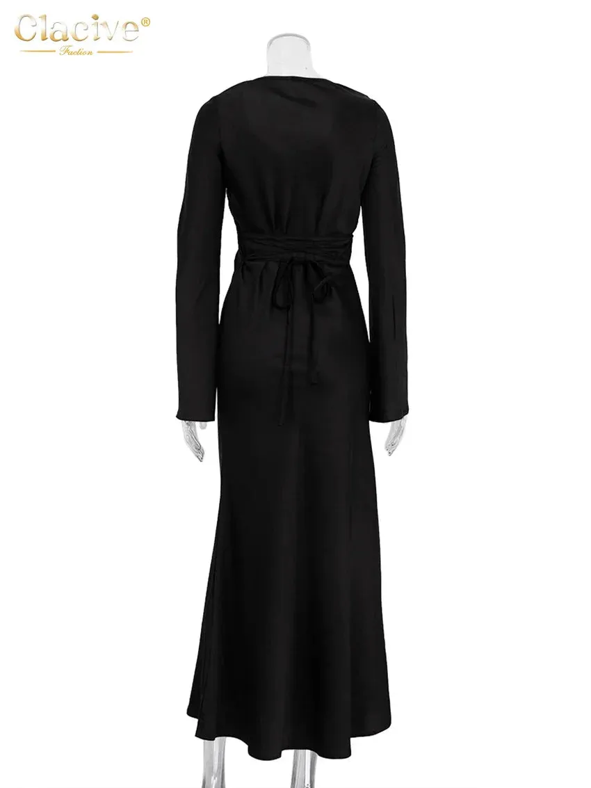 LVSANW Clacive Bodycon Black Satin Womens Dresses Sexy Slim V-Neck Long Sleeve Ankle Length Dress Elegant Simple Party Dress Female