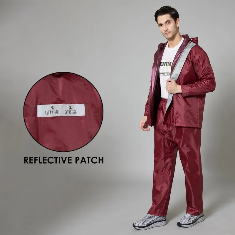Men Rain Coat - Waterproof, Adjustable Hood, Reflective Details | with Storage Bag | XL | Maroon