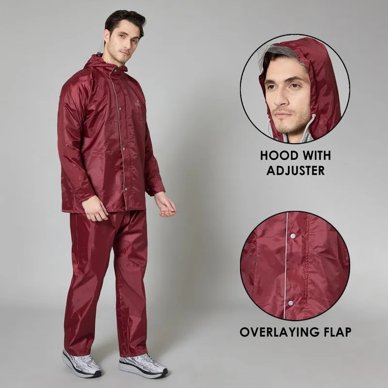 Men Rain Coat - Waterproof, Adjustable Hood, Reflective Details | with Storage Bag | XL | Maroon