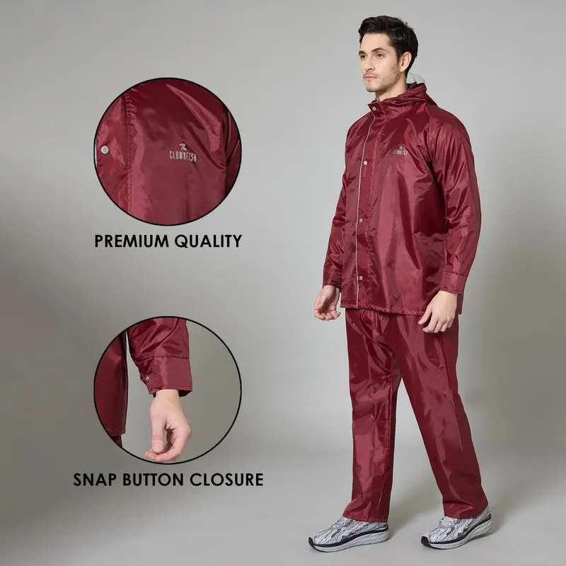 Men Rain Coat - Waterproof, Adjustable Hood, Reflective Details | with Storage Bag | XL | Maroon