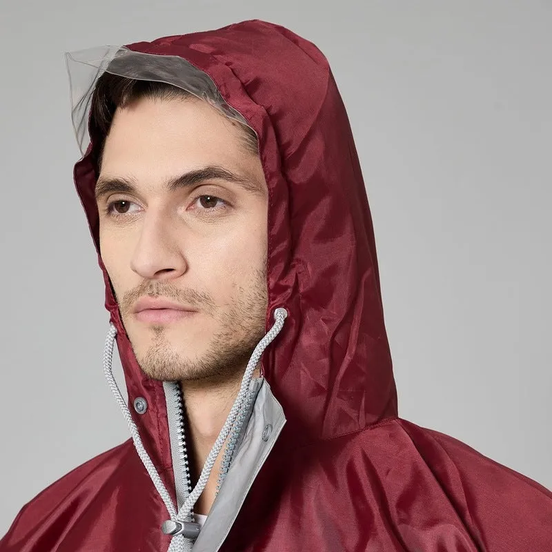 Men Rain Coat - Waterproof, Adjustable Hood, Reflective Details | with Storage Bag | XL | Maroon