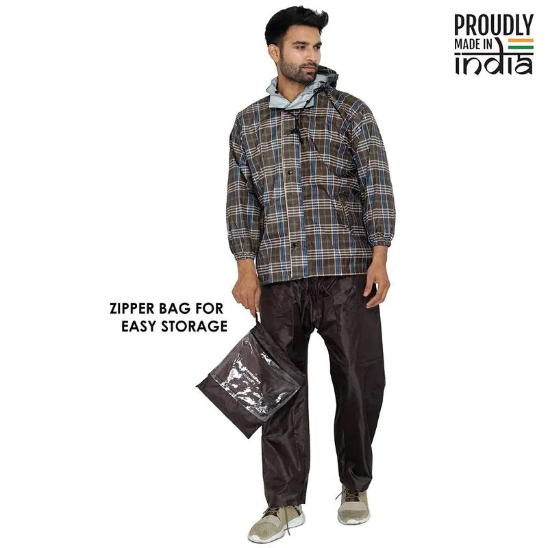 Men Rain Coat - Waterproof, Reversible, Reflective | Set of Top & Bottom | XX-Large | Pioneer Brown
