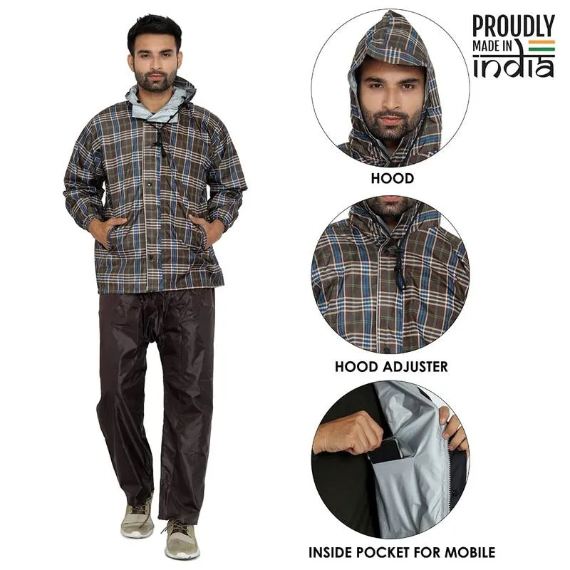 Men Rain Coat - Waterproof, Reversible, Reflective | Set of Top & Bottom | XX-Large | Pioneer Brown