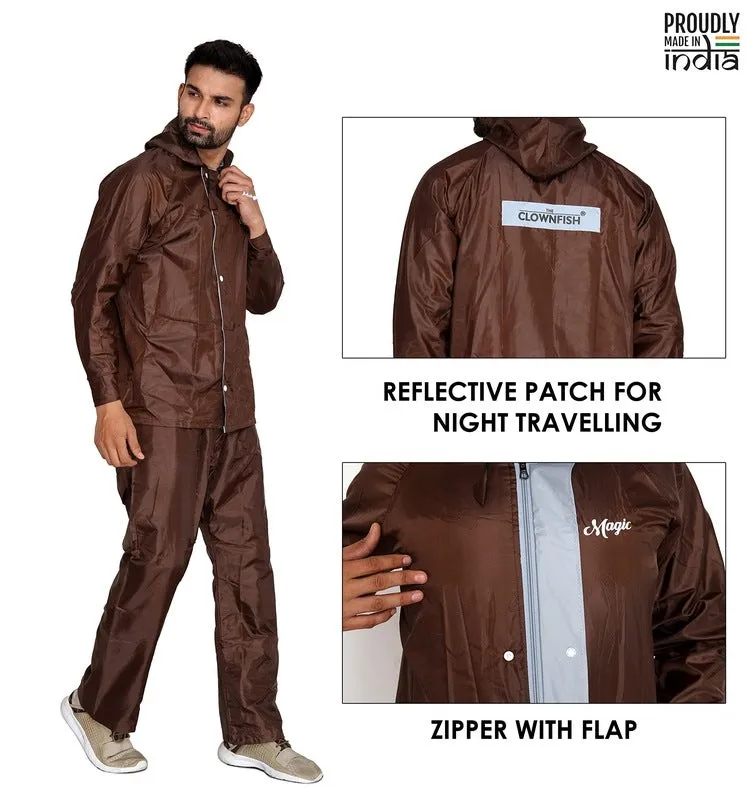 Men Rainwear – Waterproof Reversible Rain Coat with Pants | Includes Storage Bag | XL | Brown