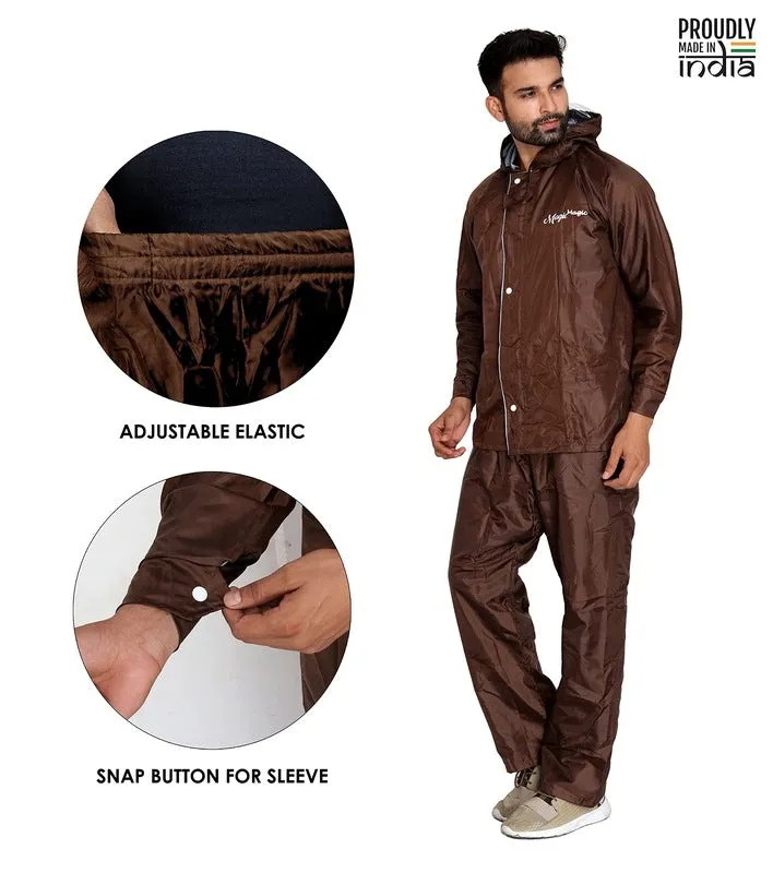 Men Rainwear – Waterproof Reversible Rain Coat with Pants | Includes Storage Bag | XL | Brown