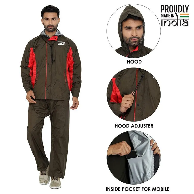 Men Rainwear - Waterproof Reversible Raincoat with Reflector | Set of Top and Bottom | XL | Mehendi