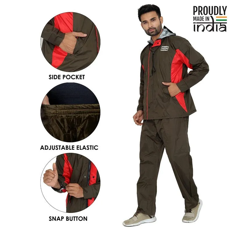 Men Rainwear - Waterproof Reversible Raincoat with Reflector | Set of Top and Bottom | XL | Mehendi
