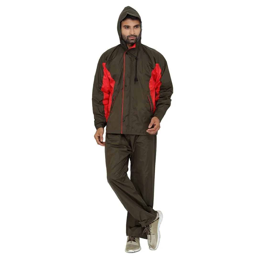 Men Rainwear - Waterproof Reversible Raincoat with Reflector | Set of Top and Bottom | XL | Mehendi
