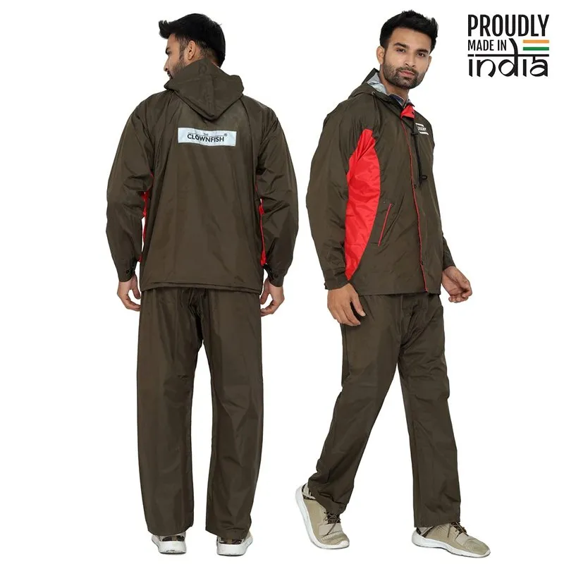 Men Rainwear - Waterproof Reversible Raincoat with Reflector | Set of Top and Bottom | XL | Mehendi